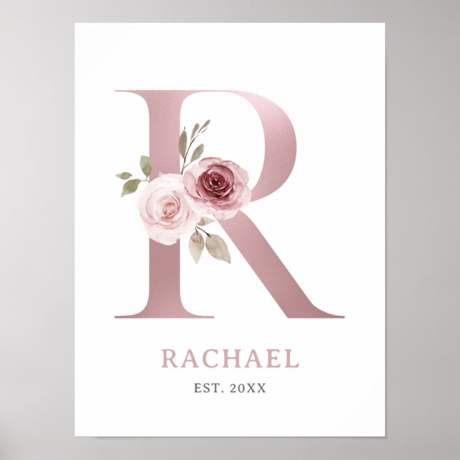 Letter R Monogram Watercolor Rose Florals Kinderzi Poster (Vorne)