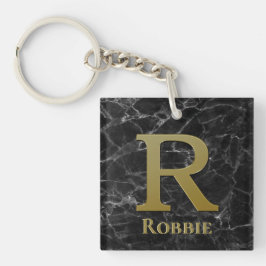 Letter R Monogramm auf schwarzem Marmor Schlüsselanhänger