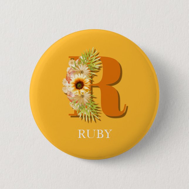 Letter R Sunflower Monogram mit Name Button (Vorderseite)