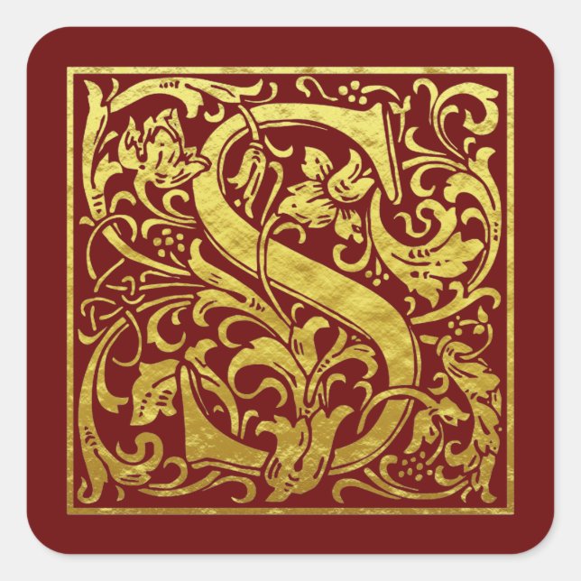 Letter S First Letter Imitate Gold Red Quadratischer Aufkleber (Vorderseite)