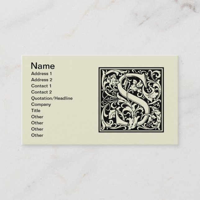 Letter S mittelalterliches Monogramm Art Nouveau Visitenkarte (Vorderseite)