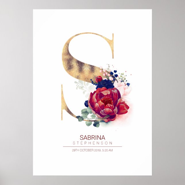 Letter S Monogram Floral Navy Blue und Burgundy Poster (Vorne)