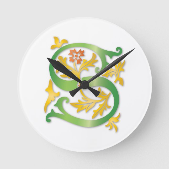 Letter S Monogram-Lilie Runde Wanduhr (Vorderseite)