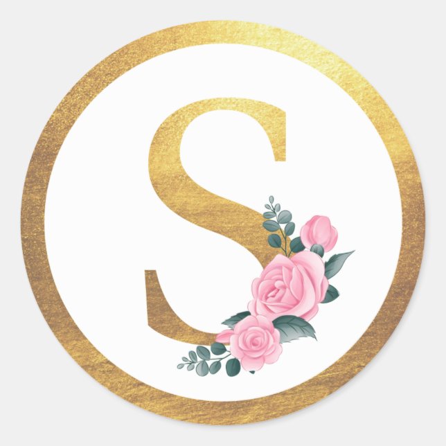 Letter S Monogram Roses Floral & Elegant Gold Runder Aufkleber (Vorderseite)