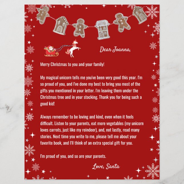 Letter Santa Unicorn Reindeer Snowflakes Rote Weih (Vorderseite)