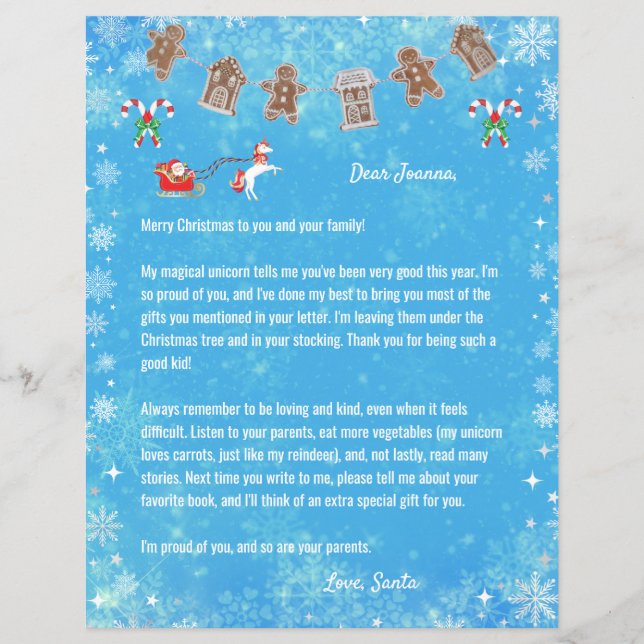 Letter Santa Unicorn Snowflakes Candy Blue Xmas (Vorderseite)