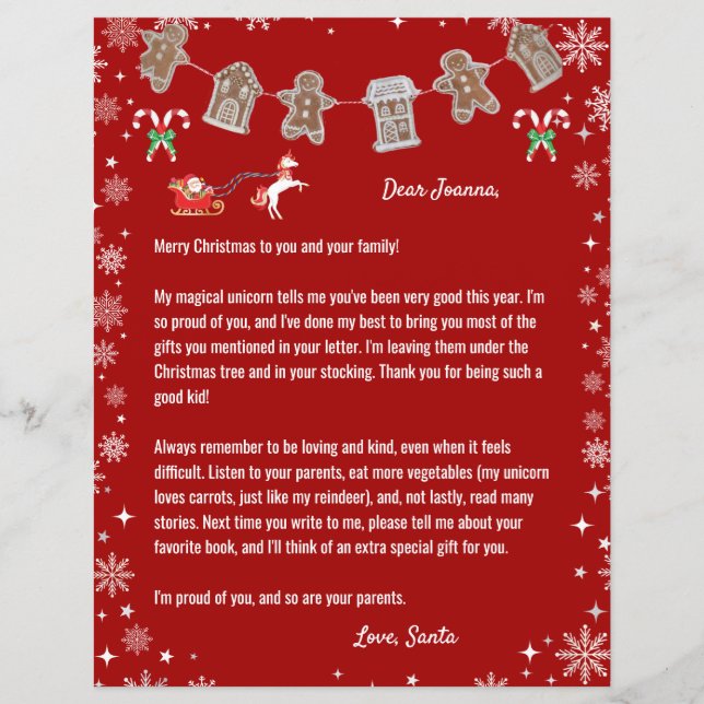 Letter Santa Unicorn Snowflakes Candy Red Xmas (Vorderseite)