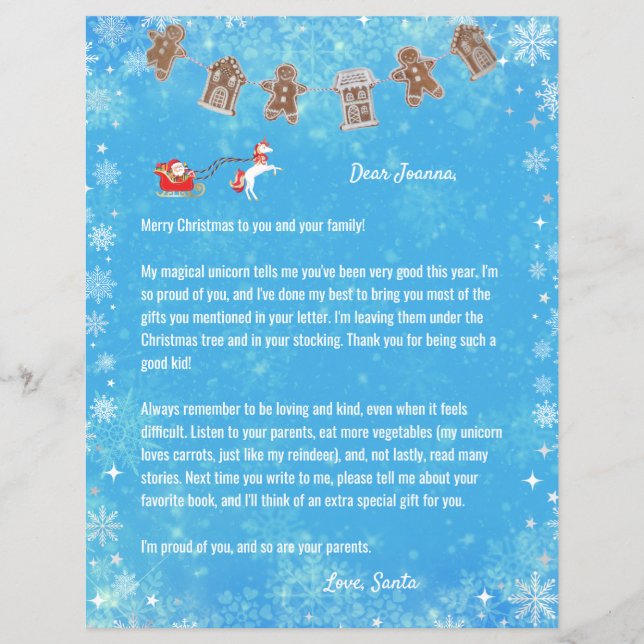 Letter Santa Unicorn Snowflakes Reindeer Blue Xmas (Vorderseite)