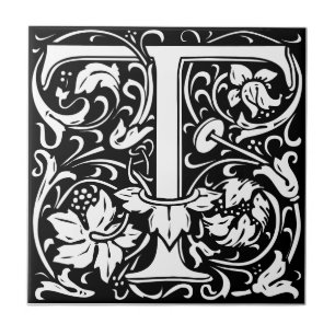 Letter T art nouveau black and white Tile Fliese