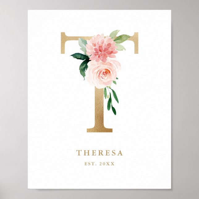 Letter T Blush Floral Monogram Gold Foil Kinderzim Poster (Vorne)