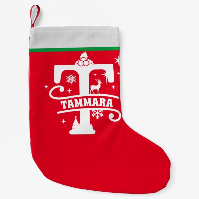 Letter T Christmas Monogram, Anfangsname Red White Kleiner Weihnachtsstrumpf (Vorderseite)