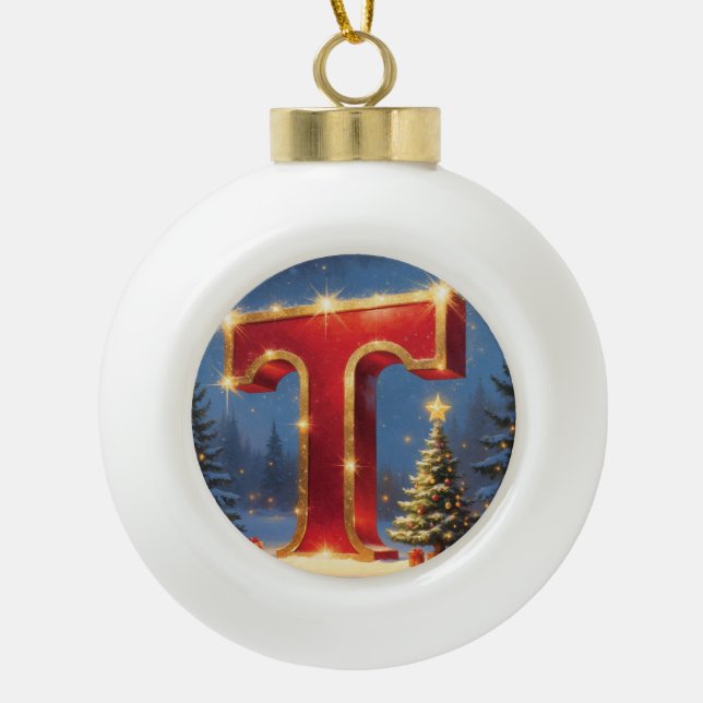 Letter T Christmas Tree Personalized Initial Keramik Kugel-Ornament (Vorderseite)