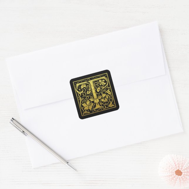 Letter T First Letter Imitate Gold Black Quadratischer Aufkleber (Umschlag)