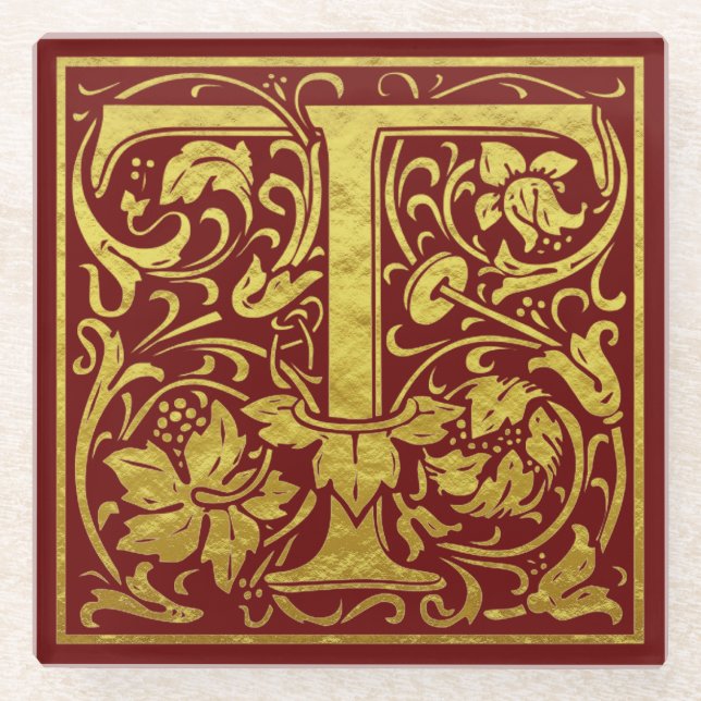 Letter T First Letter Imitate Gold Red Glasuntersetzer (Vorderseite)