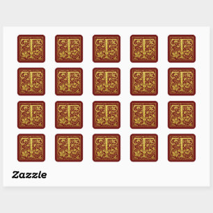 Letter T First Letter Imitats Gold Red Quadratischer Aufkleber