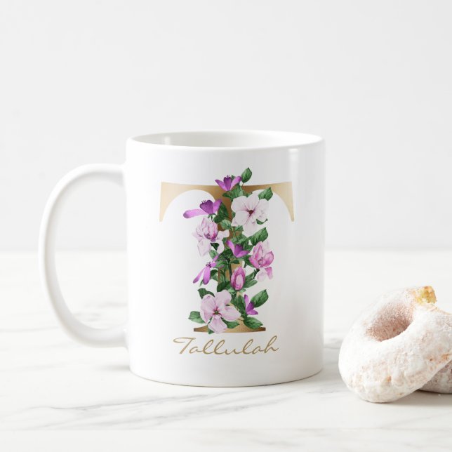 Letter T Gold Monogram White Magenta Lila Floral Kaffeetasse (Mit Donut)