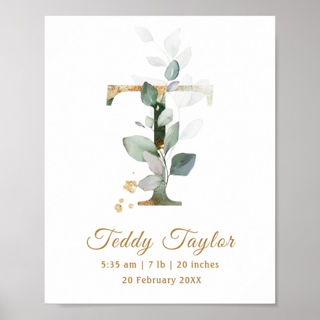 Letter T green & gold foliage Baby Birth Poster (Vorne)