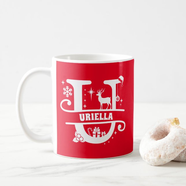 Letter U Christmas Monogram Initial Name Red Kaffeetasse (Mit Donut)