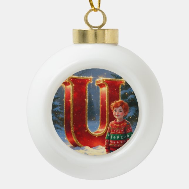 Letter U Christmas Sweater Personalized Initial Keramik Kugel-Ornament (Vorderseite)
