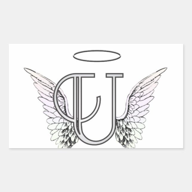 Letter U Initial Monogram mit Angel Wings & Halo Rechteckiger Aufkleber (Vorderseite)