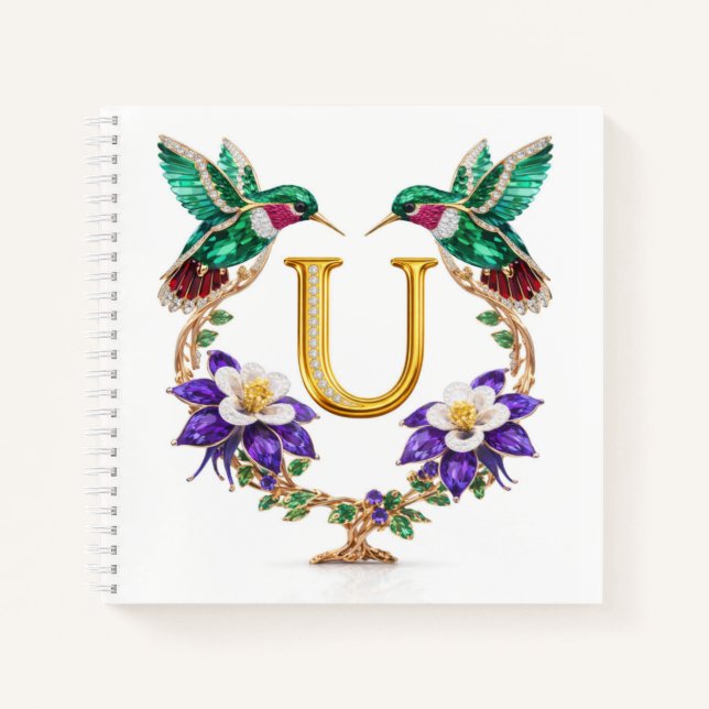 Letter U Jeweled Hummingbird Luxury Wedding Gift Notizbuch (Vorderseite)