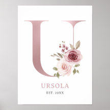 Letter U Monogram Watercolor Rose Florals Kinderzi