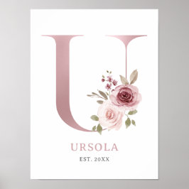 Letter U Monogram Watercolor Rose Florals Kinderzi Poster