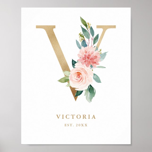 Letter V Blush Floral Monogram Gold Foil Kinderzim Poster (Vorne)