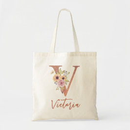 Letter V Blush rosa Glitzer Floral Monogram Tragetasche