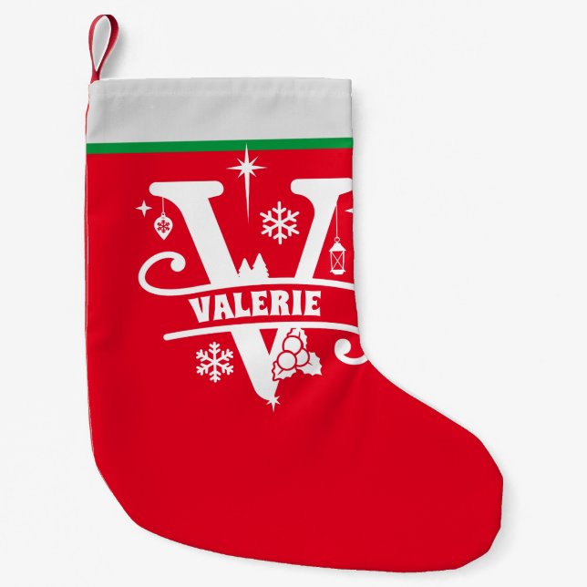 Letter V Christmas Monogram, Anfangsname Red White Kleiner Weihnachtsstrumpf (Vorderseite)