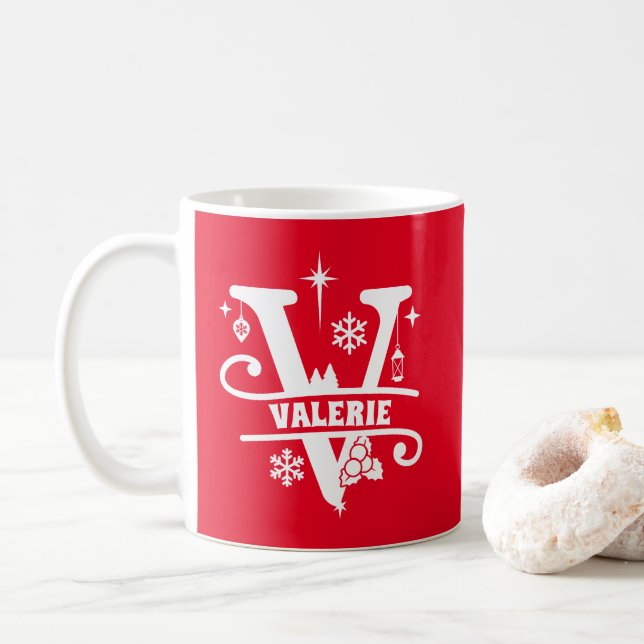 Letter V Christmas Monogram, Anfangsname Rot Kaffeetasse (Mit Donut)