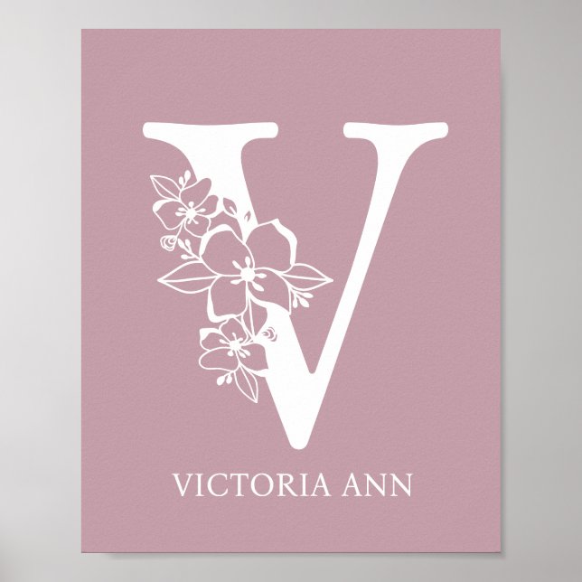 Letter V Floral Monogram Name Kinderzimmer Modern Poster (Vorne)
