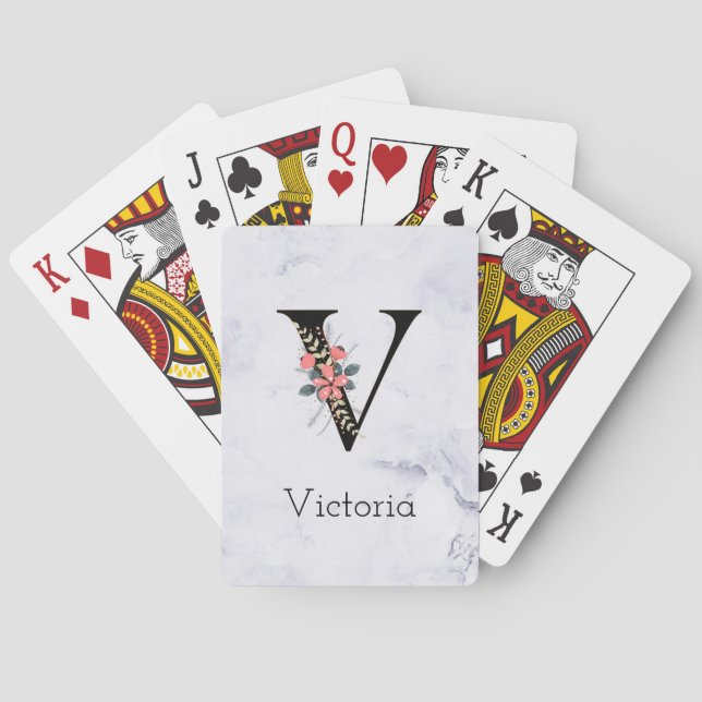 Letter "V" Floral Monogram White Marmor Spielkarten (Rückseite)