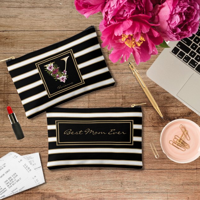 Letter V Floral Monogramm Schwarz-weiße Streifen Zubehörtasche (Von Creator hochgeladen)