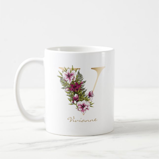 Letter V Gold Monogram Marsala White Florals Kaffeetasse (Links)
