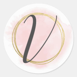 Letter V Monogram Blush Pink Watercolor Gold Chic Runder Aufkleber