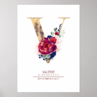 Letter V Monogram Floral Navy Blue und Burgundy