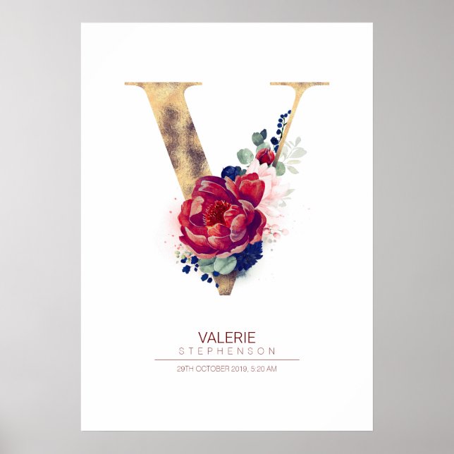 Letter V Monogram Floral Navy Blue und Burgundy Poster (Vorne)