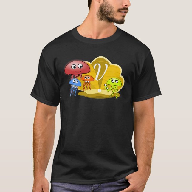 Letter V Monogram Jellyfish Erster Schultag T-Shirt (Vorderseite)