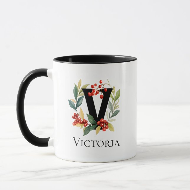 Letter V Monogram Ursprünglicher Berry Wreath Tasse (Links)