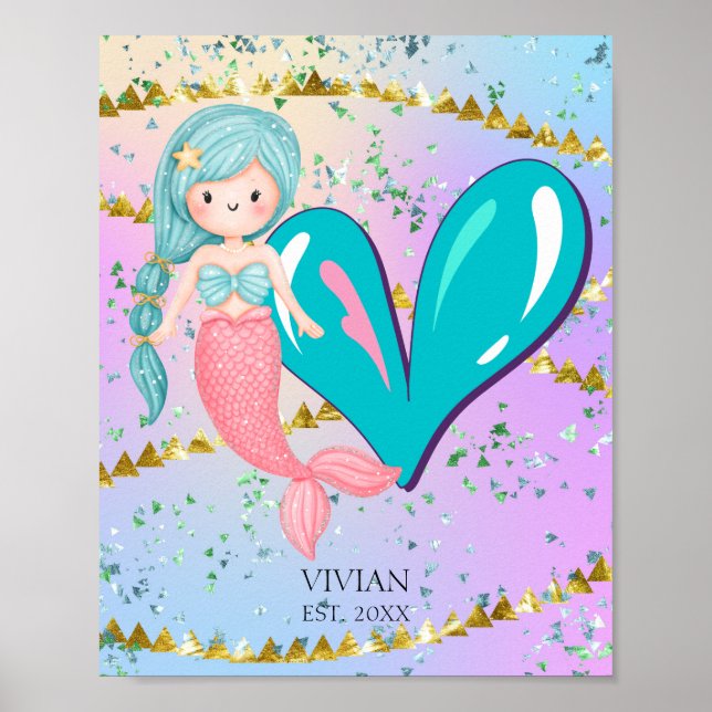 Letter V Monogram Watercolor Niedlich Mermaid Kind Poster (Vorne)