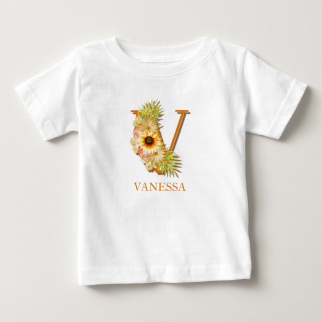 Letter V Sunflower Monogram mit Name Baby T-shirt (Vorderseite)