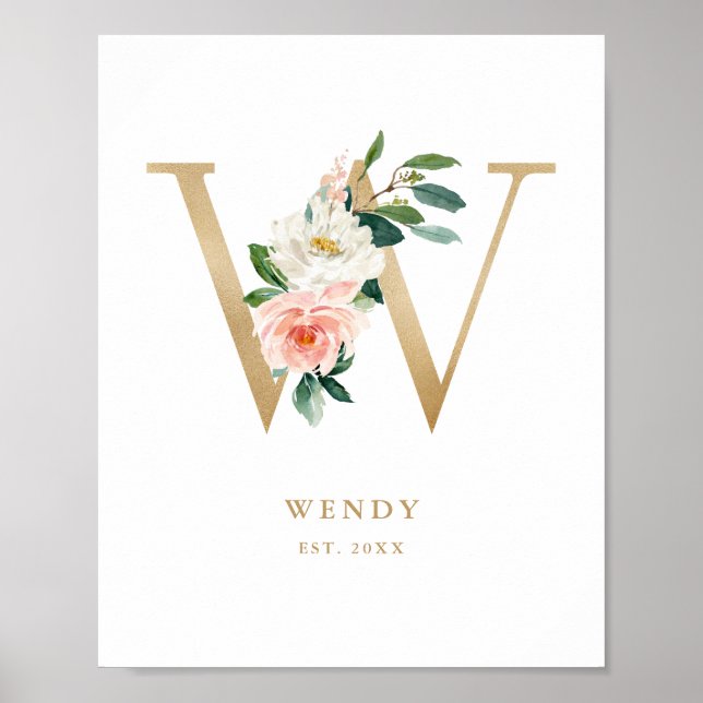 Letter W Blush Bloral Monogram Gold Foil Kinderzim Poster (Vorne)