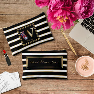 Letter W Floral Monogram Schwarz-weiße Streifen Zubehörtasche
