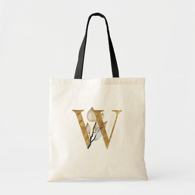 *~* Letter W Gold Monogram, Initial Black Blätter Tragetasche (Vorne)