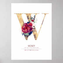 Letter W Monogram Floral Navy Blue und Burgundy
