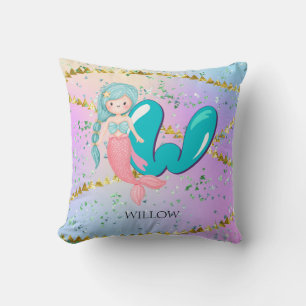 Letter W Monogram Watercolor Niedlich Mermaid Kind Kissen