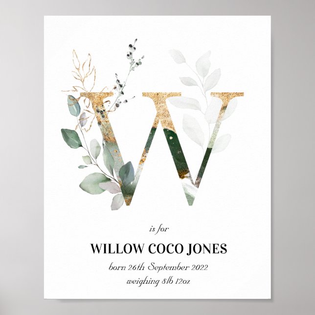 Letter W New Baby Monogram Birth Print Green Poster (Vorne)