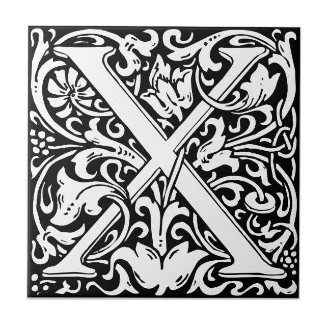Letter X Art Nouveau Schwarz/Weiß Tile Fliese (Vorderseite)