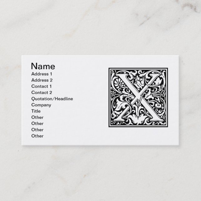 Letter X Mittelalterliche Monogram Art Nouveau Visitenkarte (Vorderseite)